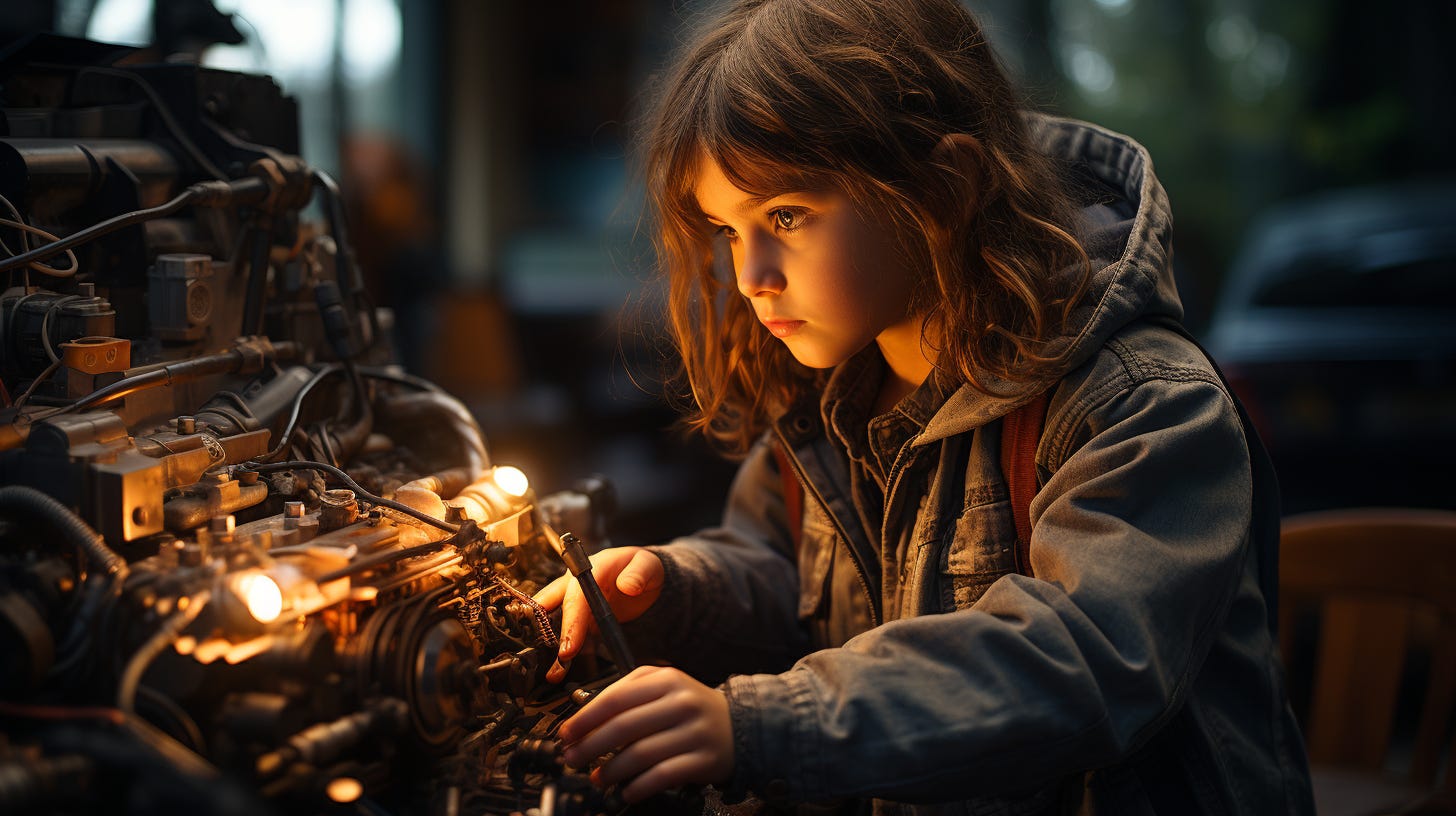 A car in a workshop with its hood open. A female child as a mechanic stands in front of it, tool in hand, she looks into the car's motor, in the process of replacing the conventional engine with a futuristic AI unit. Medium: Photography. Style: Style: Hyper-realism, inspired by the work of Robert Bechtle. Lighting: Natural light filtering through the garage windows. Colors: Earth tones, grays, and metallic hues. Composition: Nikon D850, Nikkor 85mm f/1.4G lens, Resolution 45.7 megapixels, ISO sensitivity: 25,600, Shutter speed 1/200 second.