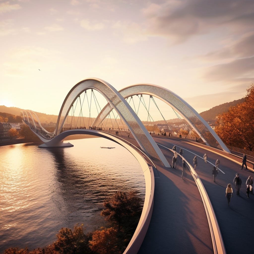 Design an elegant bridge (40 meters tall) over the River of the Rhine in the middle rhine valley, with separate lanes for pedestrians, cars and bikes, that is a finely geometrical fractal shell, nautilus regular logarithmic spiral geometrically developed fibonacci, translucent, parametric architecture grasshopper, in the golden hour time near the lorelei or Boppard